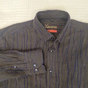 Visconti Mens Medium Textured Stripe Button Down Shirt Charcoal Blue Long Sleeve